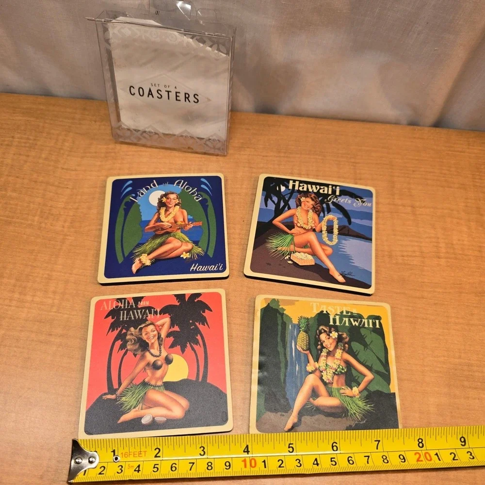 Hawaiian 4 pack Coasters VTG Coconut, Pineapple, Garry‎ Palm Poster Girl